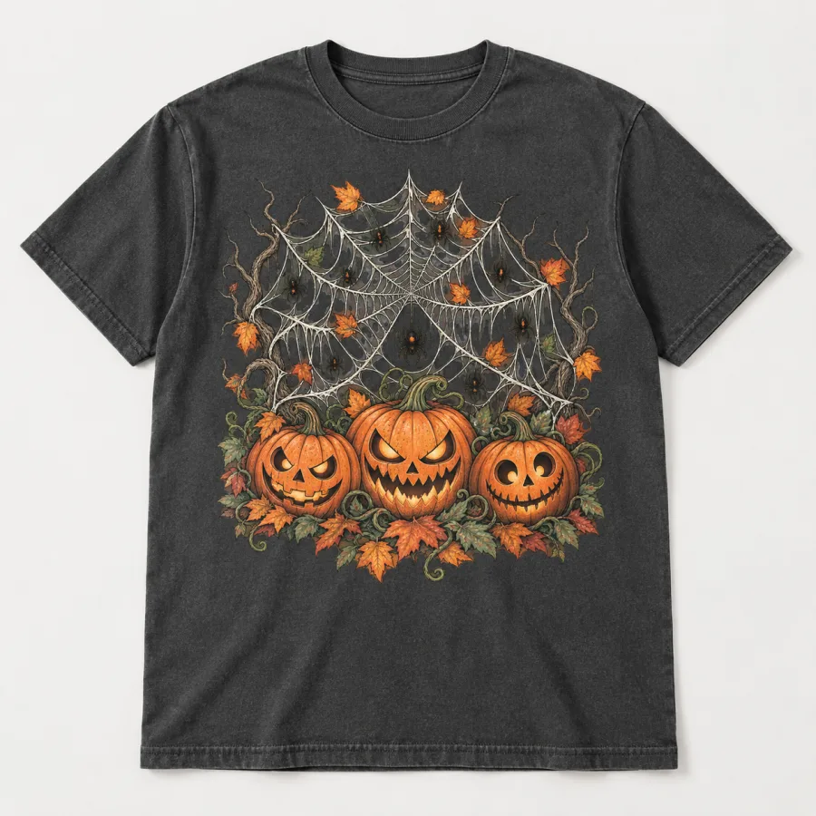 Front flat lay of charcoal pumpkin spider web shirt with three carved pumpkins, oversized web, tiny spiders and autumn leaves