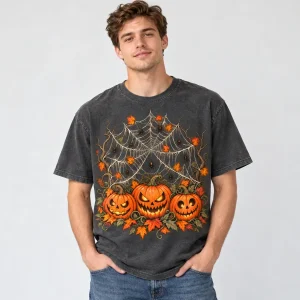 Charcoal pumpkin spider web shirt displayed on a wooden hanger with Halloween pumpkin and web artwork visible