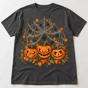 Man wearing charcoal Pumpkin Web Night tee with three orange pumpkins and oversized cream spider web graphic