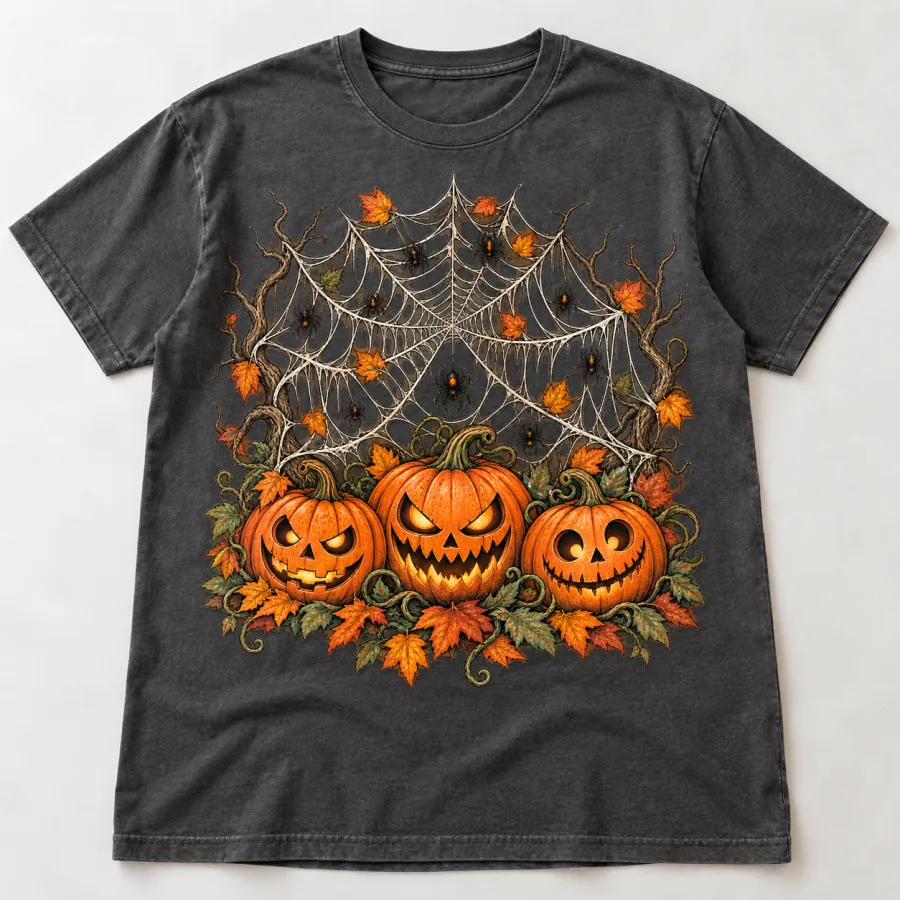 Man wearing charcoal Pumpkin Web Night tee with three orange pumpkins and oversized cream spider web graphic