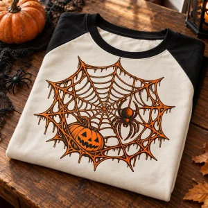 Close-up of Pumpkin Web Raglan print showing cotton texture, orange and black distressed web lines, pumpkin and hanging spider