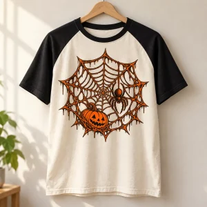 Folded Pumpkin Web Raglan on a wooden table showing the orange pumpkin, hanging spider and distressed orb web artwork
