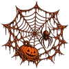 Front flat lay of Pumpkin Web Raglan halloween spider raglan shirt with cream body, black sleeves, orange pumpkin, hanging spider and distressed web