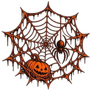 Front flat lay of Pumpkin Web Raglan halloween spider raglan shirt with cream body, black sleeves, orange pumpkin, hanging spider and distressed web