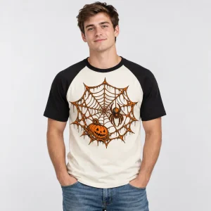 Pumpkin Web Raglan hanging on a wooden hanger with cream body, black sleeves and distressed Halloween spider web print