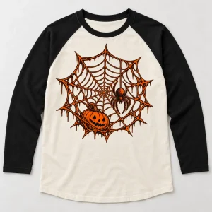 Male model wearing Pumpkin Web Raglan cream and black halloween spider raglan shirt with orange and black web artwork