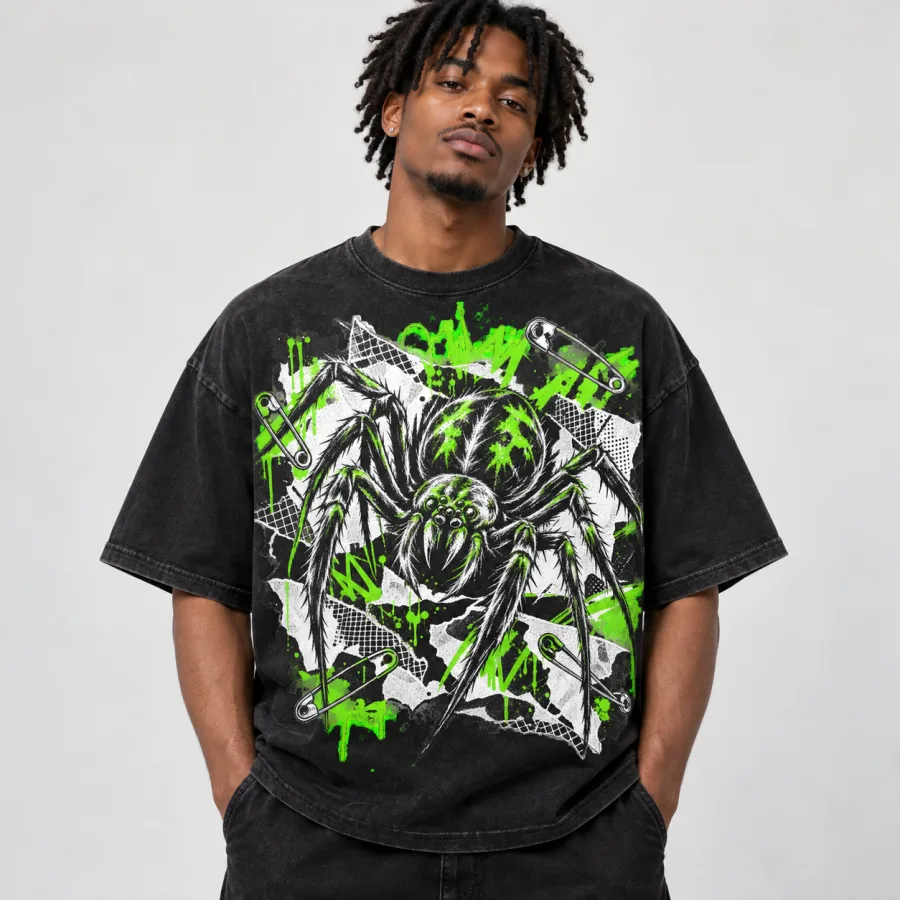 Folded black punk spider shirt showing collage print