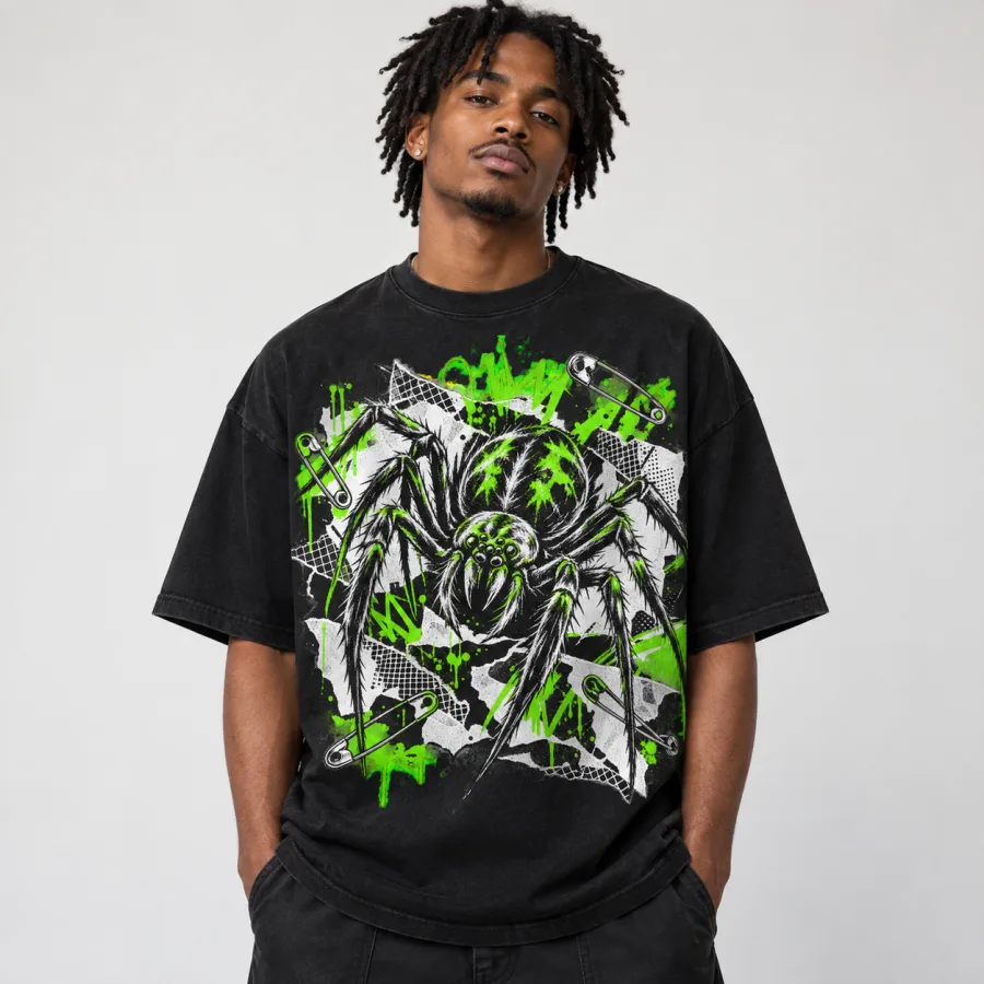 Black Punk Spider tee on a hanger