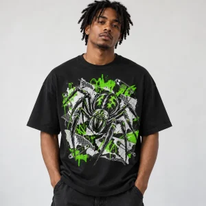 Model wearing black oversized Punk Spider tee