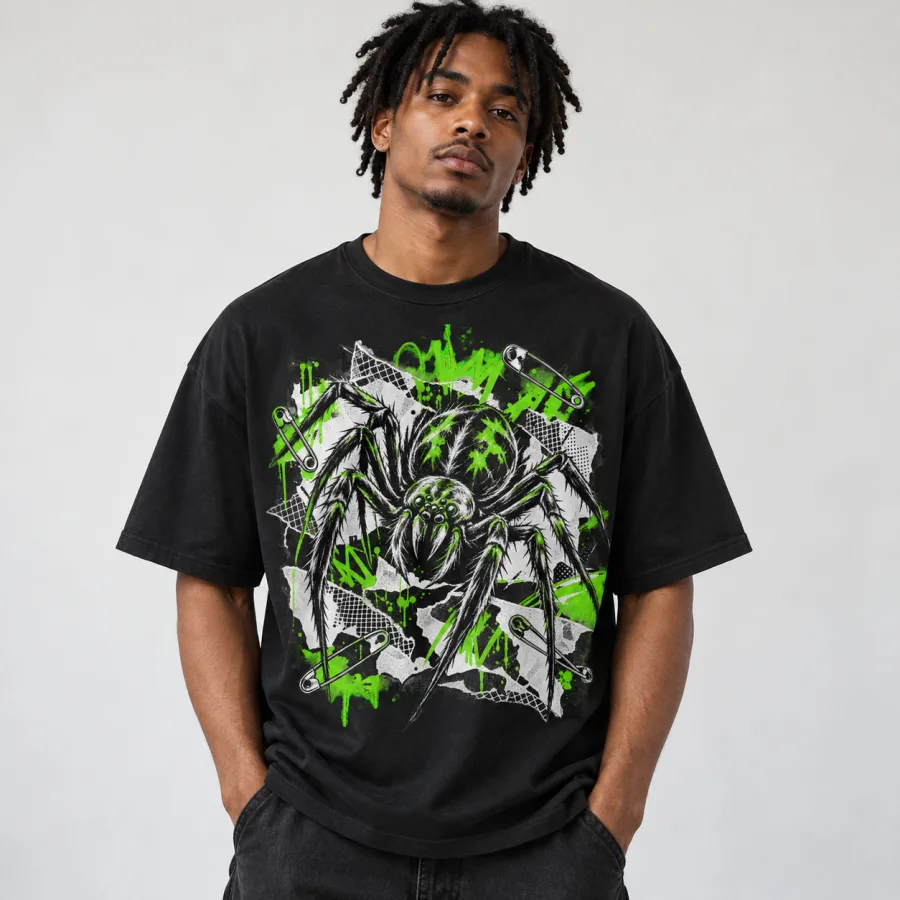 Model wearing black oversized Punk Spider tee