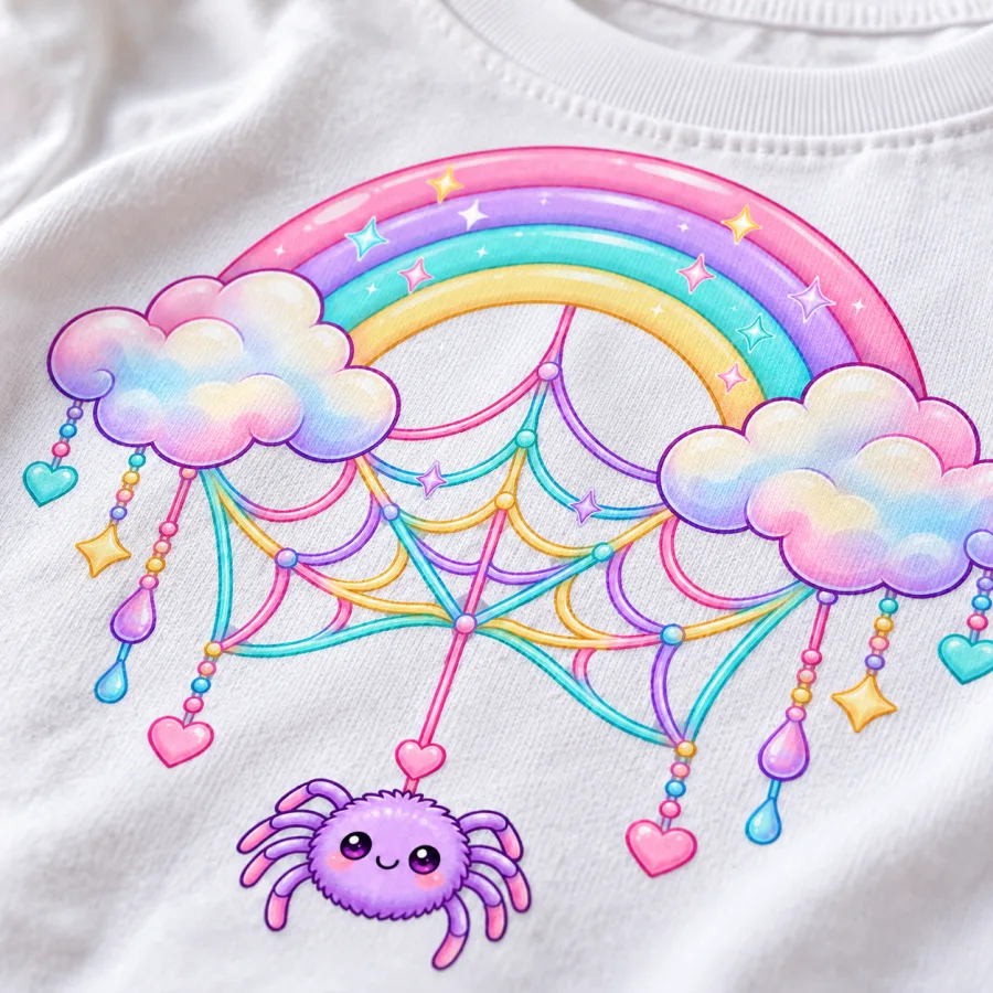 Close-up of the smiling spider and cloud details in pink, lavender and aqua