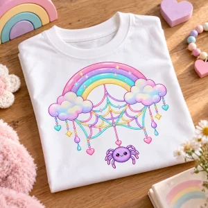 Folded white Rainbow Web shirt showing the pastel web artwork