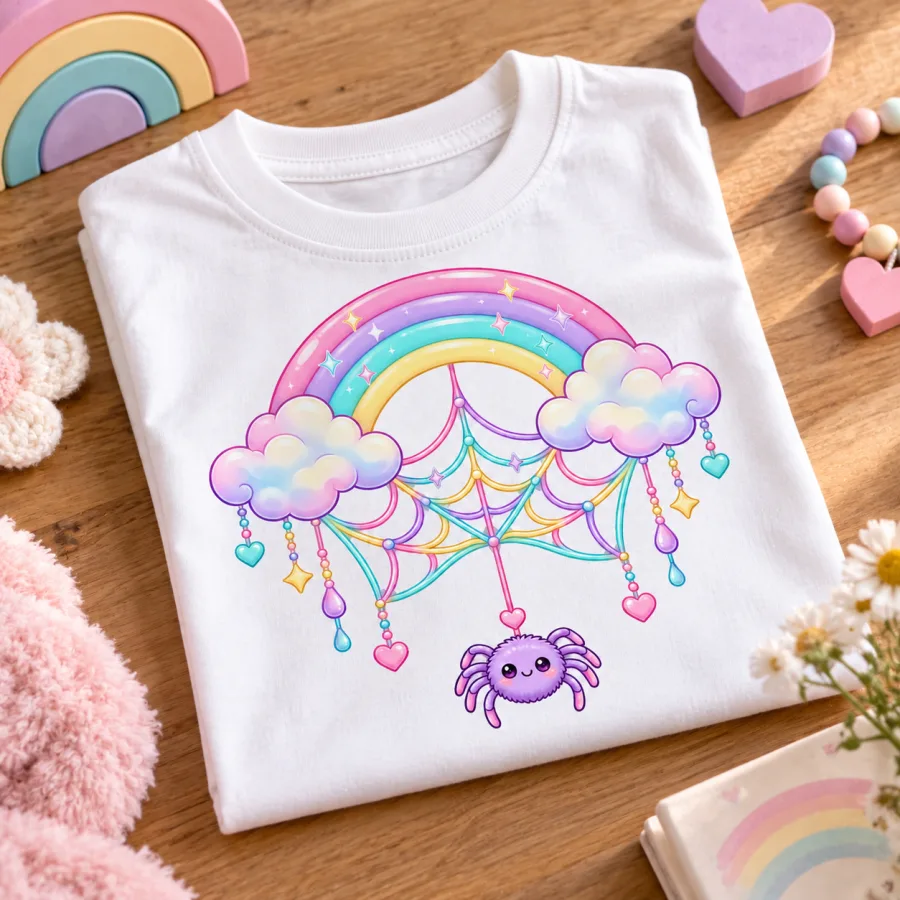 Folded white Rainbow Web shirt showing the pastel web artwork