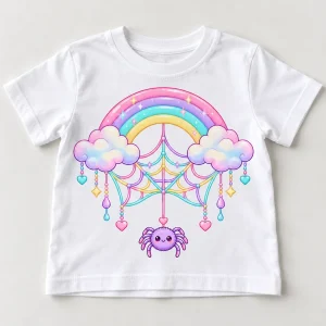 Front flat lay of white Rainbow Web cute spider web toddler shirt