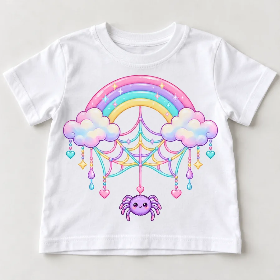 Front flat lay of white Rainbow Web cute spider web toddler shirt