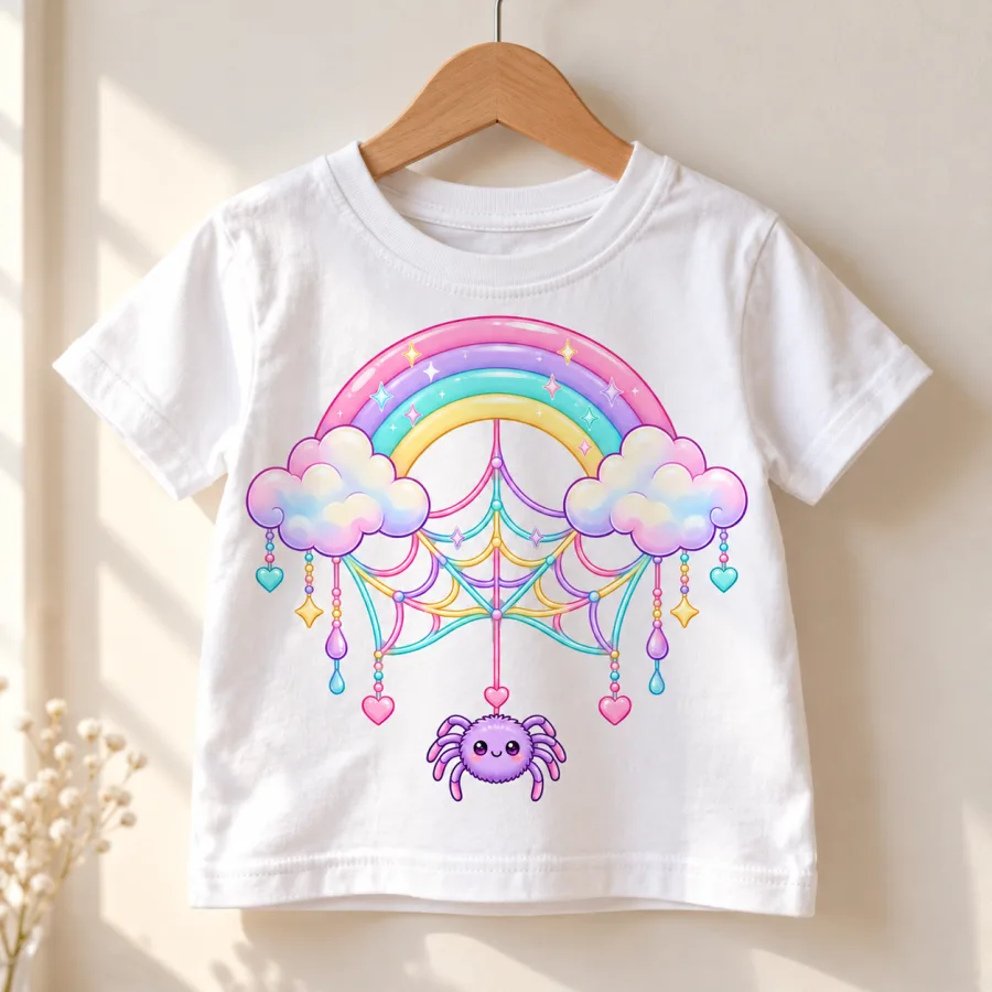 White Rainbow Web toddler tee on a small wooden hanger