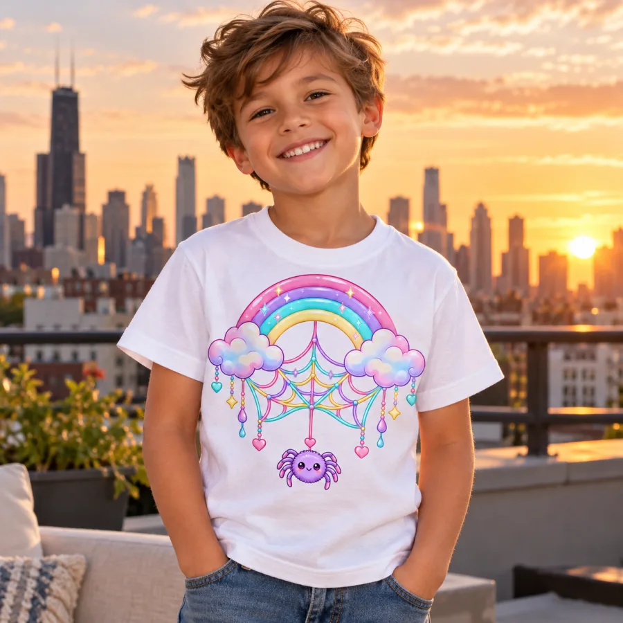Toddler in Rainbow Web spider shirt playing with chalk on a sunny driveway