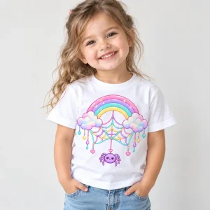 Toddler wearing white Rainbow Web tee with the pastel rainbow on the chest