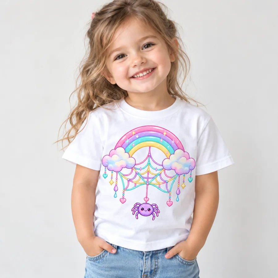 Toddler wearing white Rainbow Web tee with the pastel rainbow on the chest