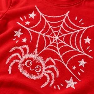 Close-up of white crayon-style spider, stars and wobbly web