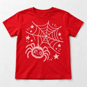 Front flat lay of red Red Web Sketch spider sketch shirt for kids