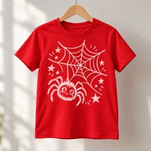 Red Web Sketch kids tee on a hanger