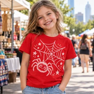 Child in Red Web Sketch tee drawing with crayons at a kitchen table