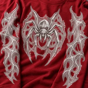 Close-up of Red Web Sketch white pencil-style spider artwork printed on textured deep red long sleeve shirt fabric