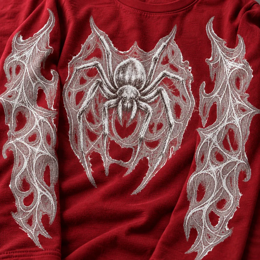 Close-up of Red Web Sketch white pencil-style spider artwork printed on textured deep red long sleeve shirt fabric
