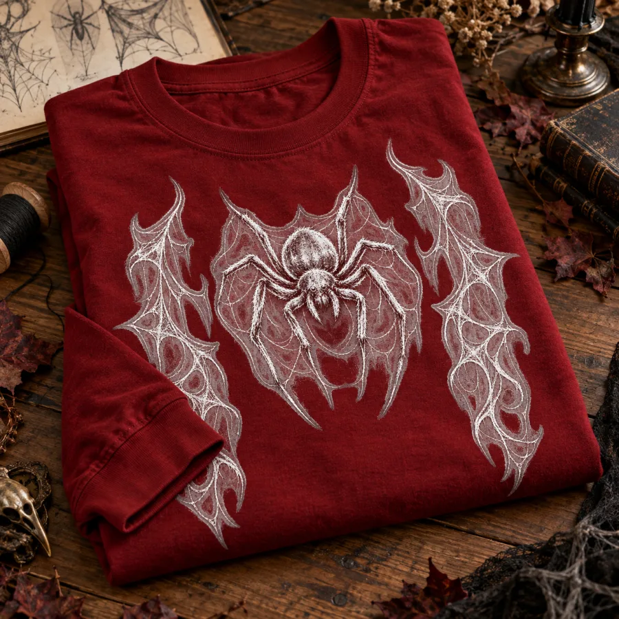 Folded deep red Red Web Sketch spider web sleeve shirt on a wooden table with the white hand-sketched print visible