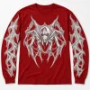 Front flat lay of deep red Red Web Sketch spider web sleeve shirt showing white chest spider and web artwork along both sleeves