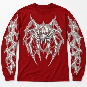 Front flat lay of deep red Red Web Sketch spider web sleeve shirt showing white chest spider and web artwork along both sleeves