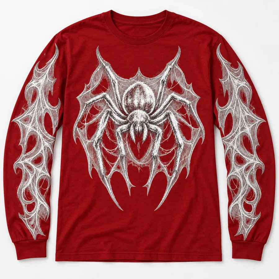 Front flat lay of deep red Red Web Sketch spider web sleeve shirt showing white chest spider and web artwork along both sleeves