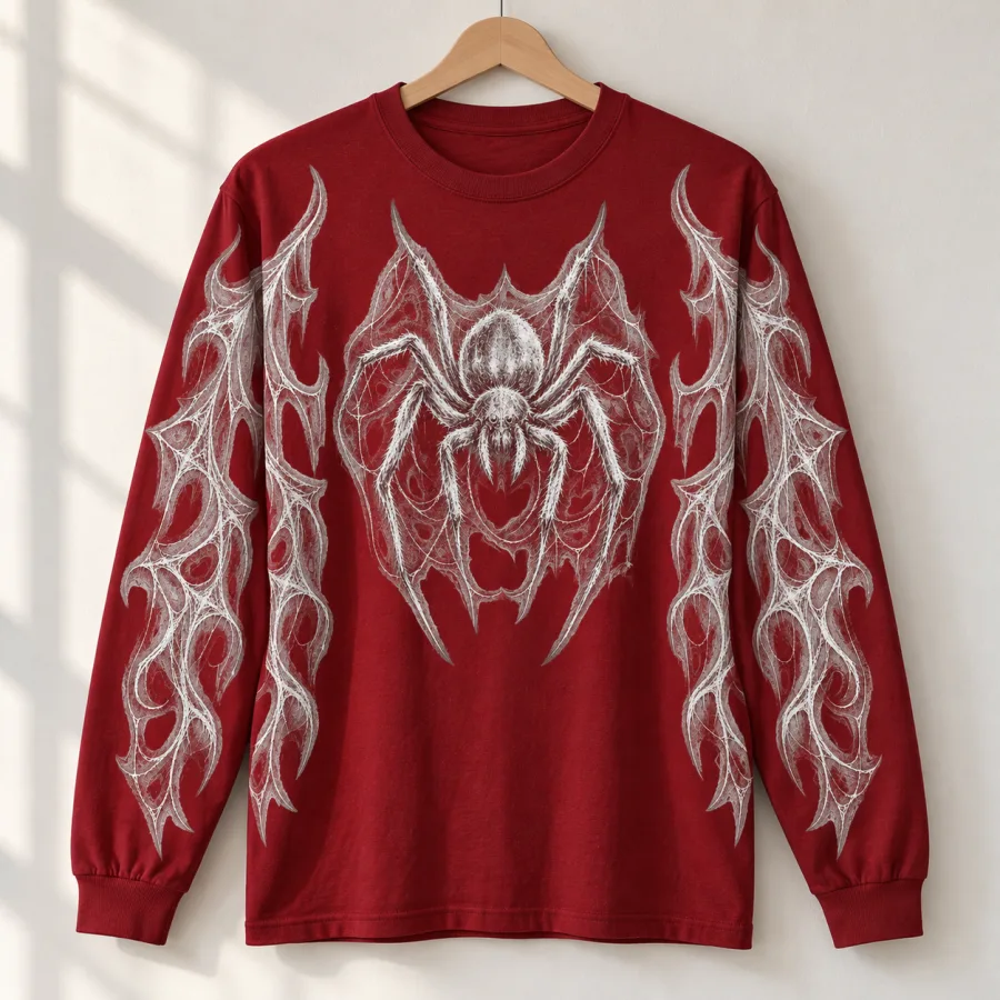 Deep red Red Web Sketch long sleeve shirt on a wooden hanger showing the chest spider and web artwork down both arms