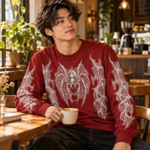 Lifestyle photo of a model wearing the deep red Red Web Sketch spider web sleeve shirt in a warm coffee shop