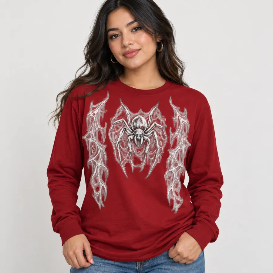 Model wearing the deep red Red Web Sketch spider web sleeve shirt with hand-sketched chest spider and white sleeve graphics