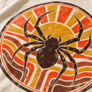 Close-up of distressed sun rays, stripes and spider silhouette