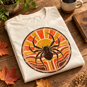 Folded cream Retro Spider Badge shirt with the round badge visible