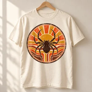 Cream Retro Spider Badge unisex tee on a wooden hanger