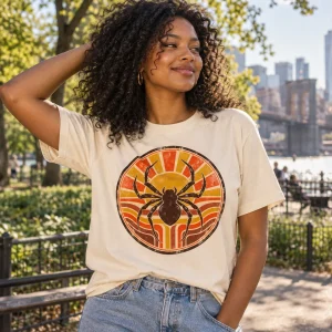 Woman in Retro Spider Badge shirt leaning on a vintage van at a desert overlook