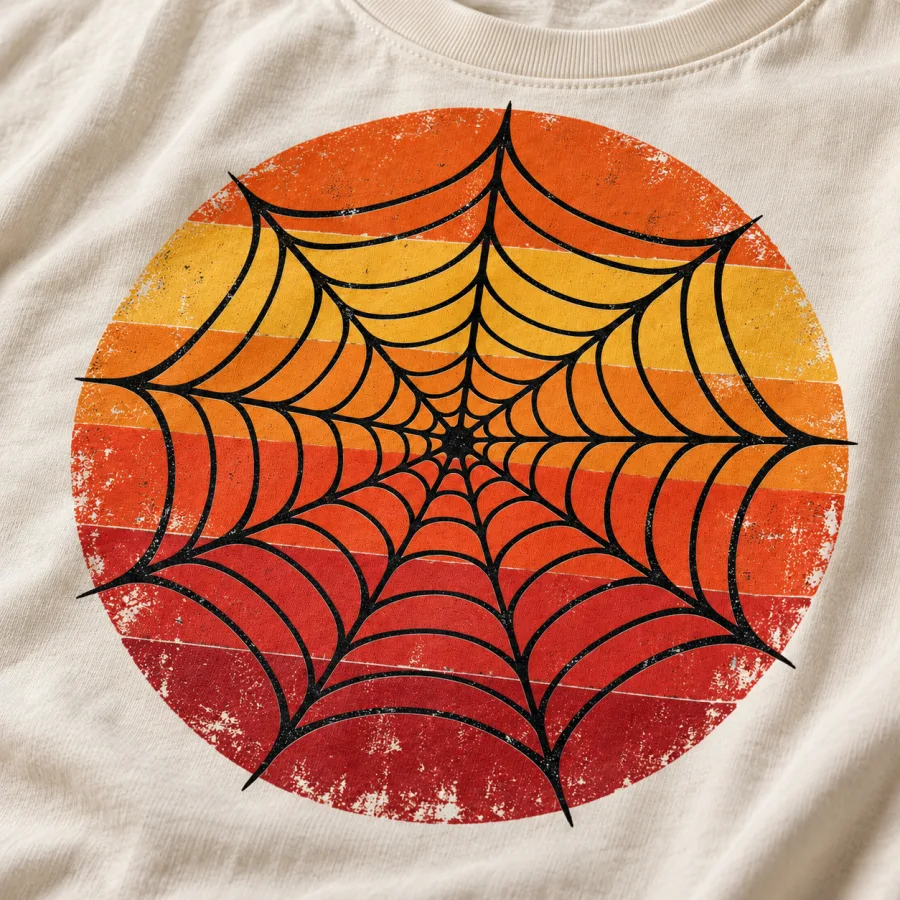 Close-up of Retro Web Sun print showing black spider web lines distressed sunset inks and cream cotton texture