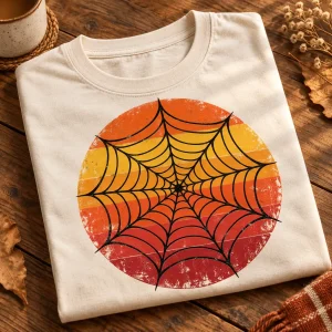 Folded cream Retro Web Sun retro spider web tee on wooden table with distressed web and sunset print visible