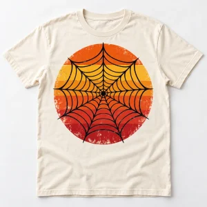Front flat lay of cream Retro Web Sun retro spider web tee with distressed orange mustard and red circular web graphic