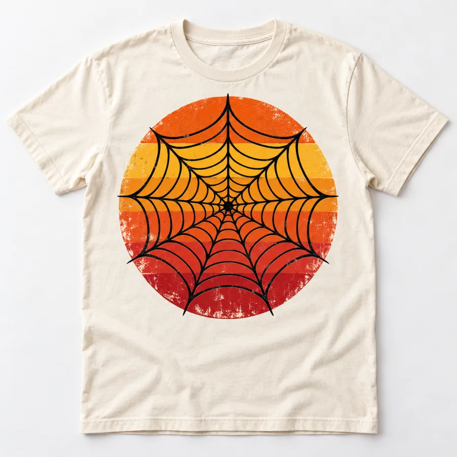 Front flat lay of cream Retro Web Sun retro spider web tee with distressed orange mustard and red circular web graphic