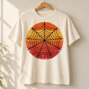 Cream Retro Web Sun retro spider web tee on wooden hanger showing circular vintage sunset web artwork