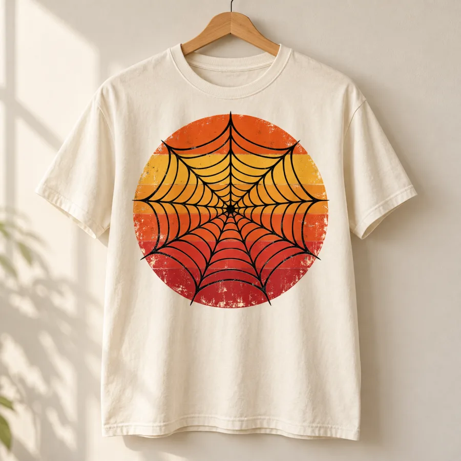 Cream Retro Web Sun retro spider web tee on wooden hanger showing circular vintage sunset web artwork