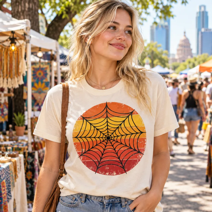 Lifestyle photo of woman wearing cream Retro Web Sun retro spider web tee at a lively outdoor street market