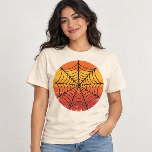 Woman wearing cream Retro Web Sun retro spider web tee with large distressed 1970s sunset web print