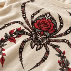 Close-up of the rose inside the spider abdomen and leaves on its legs