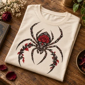 Folded natural Rose Abdomen Spider tee showing the rose spider print